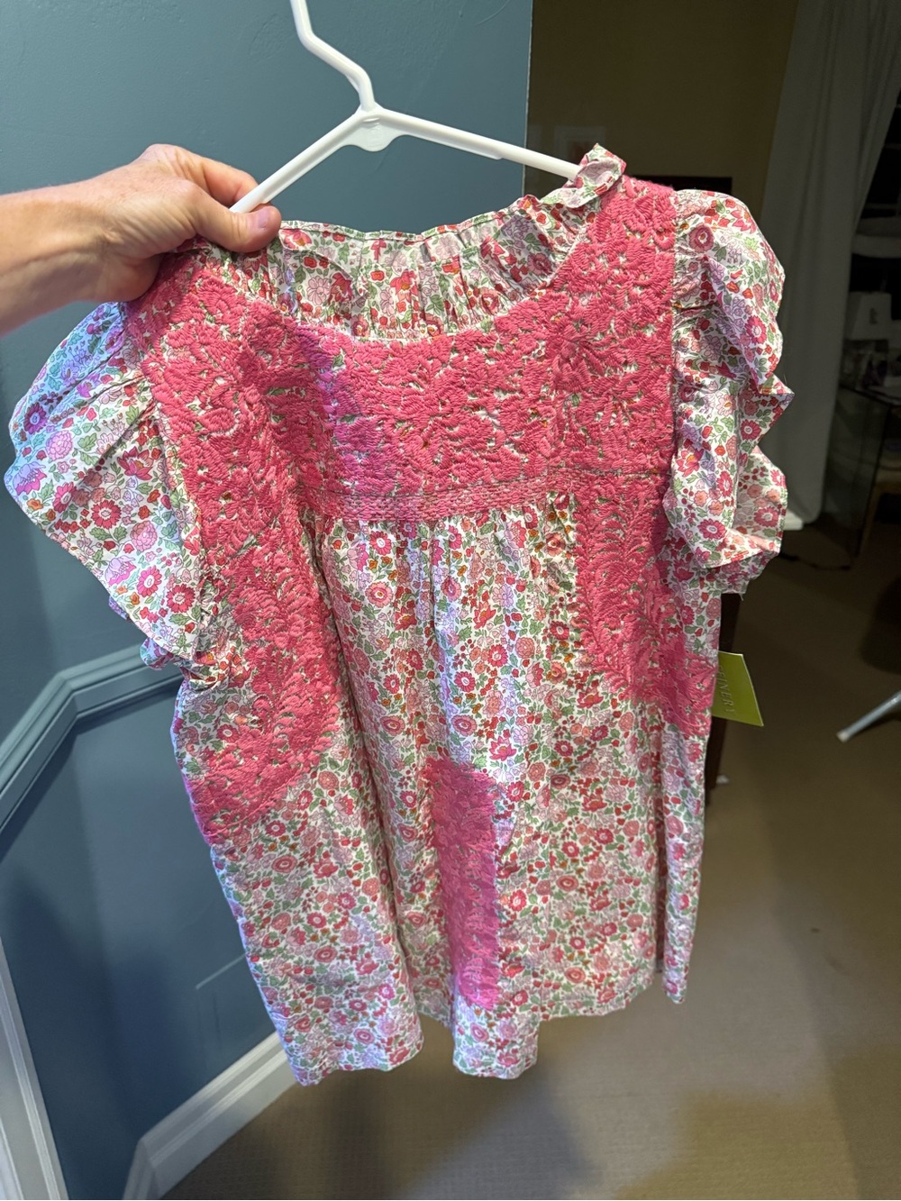 Girls Pink Floral Smocked Blouse with Ruffle Sleeves